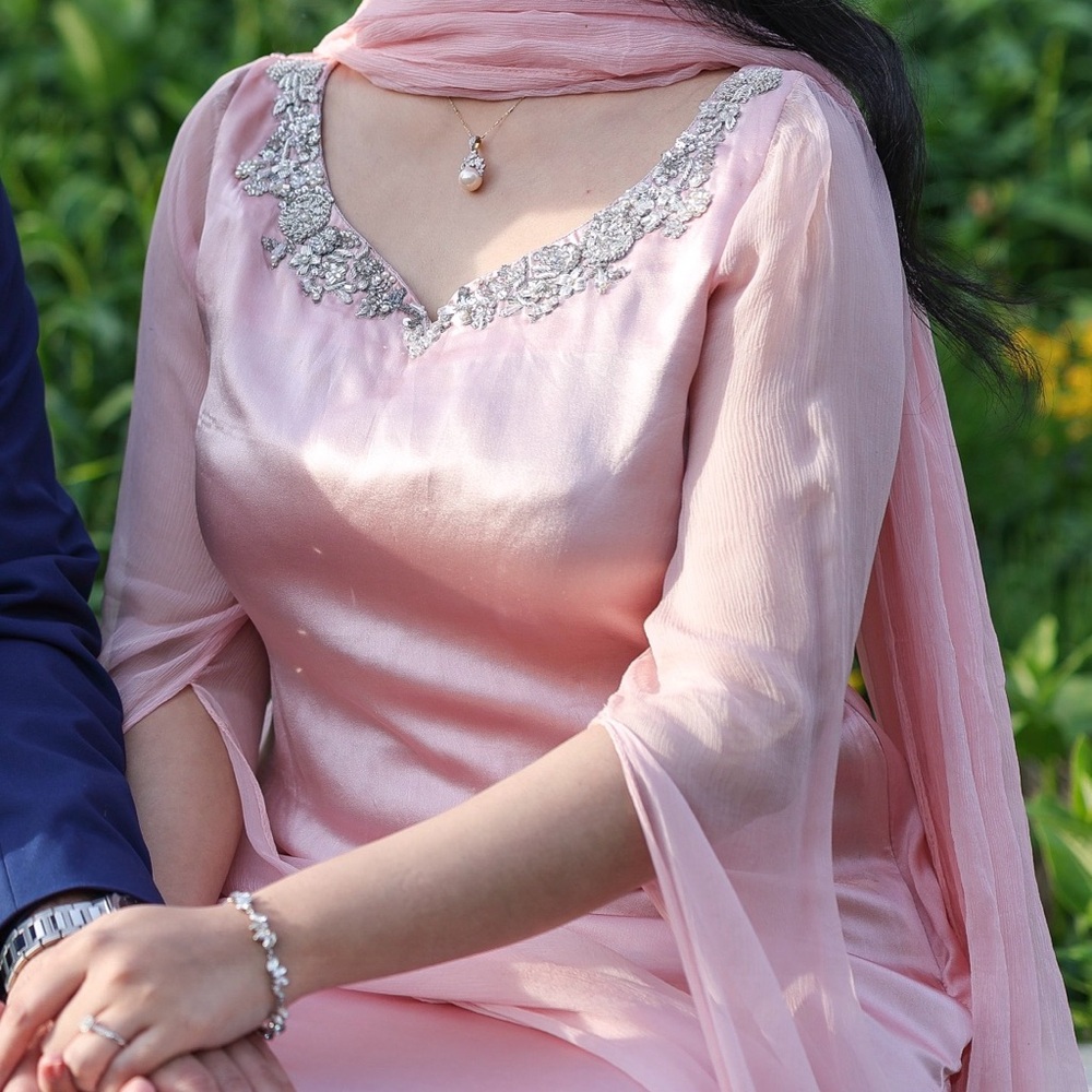 Pink Embellished Hand Embroidered Pure Silk Maxi Dress Pure Chiffon Flowy Sleeve